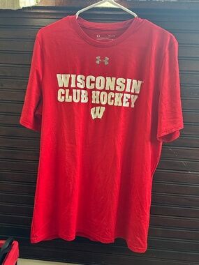 Under Armour Red Wisconsin Club Hockey Tee with White Lettering